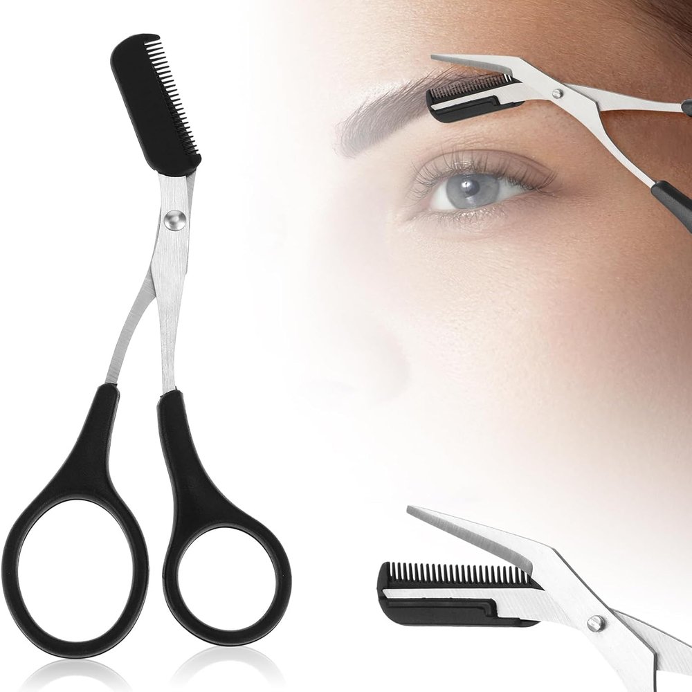 Eyebrow Scissors with Comb - 2025 New Stainless Steel Trimmer for Men & Women - Non-Slip Finger Grips, Precise Brow Shaping (Pink)(Black)