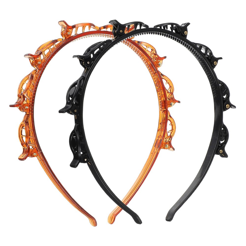 2 PCS Headband with Clips, Bangs Hairstyle Butterfly Clip Headband, Professional Weave Bangs Clip, Double Layer Toothed Hairband Braid Tool for Women Girls Hair Styling Accessories (Black & Brown)
