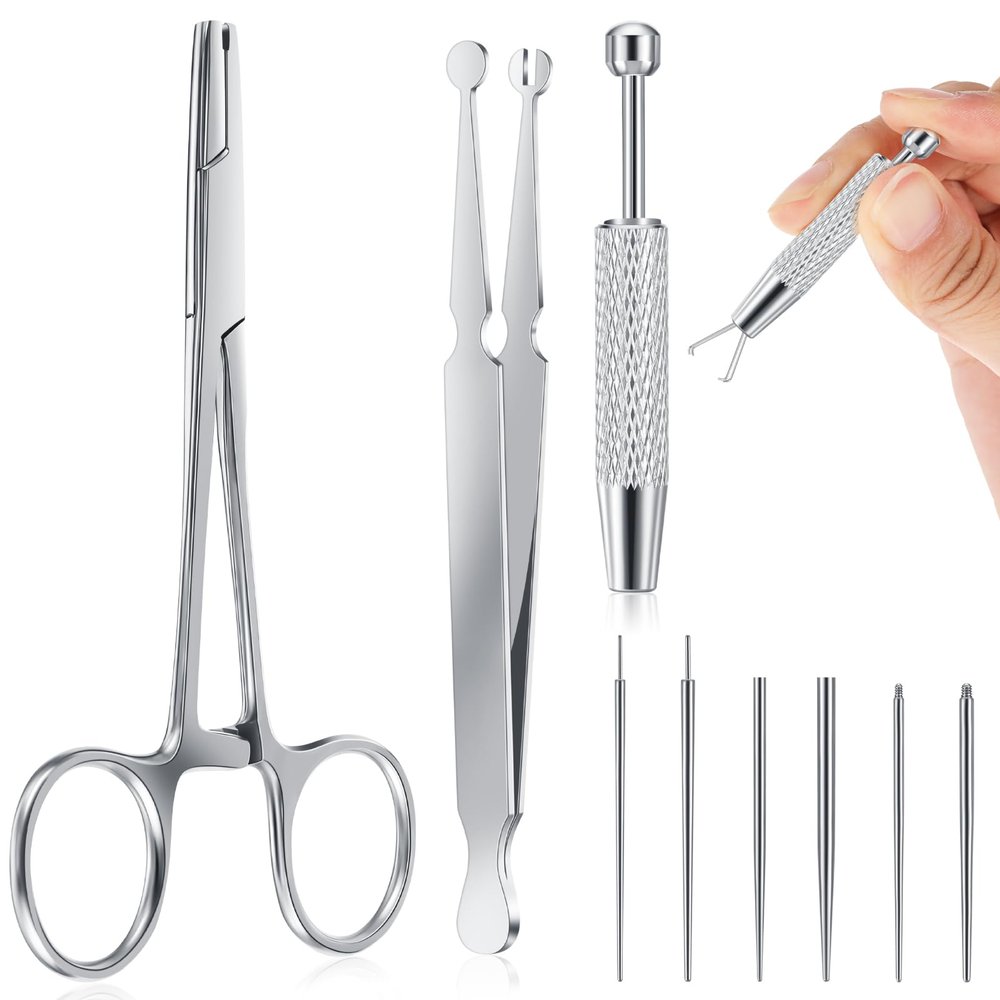 Mysora 9pcs Kit Stainless Steel Piercing Ball Grabber Tools/ 3mm Piercing Ball Screw Removal Tool/Reusable Bead Clamping Assistant Tool for Changing Jewelry&14g 16g 18g Piercings Taper Stretching Kit