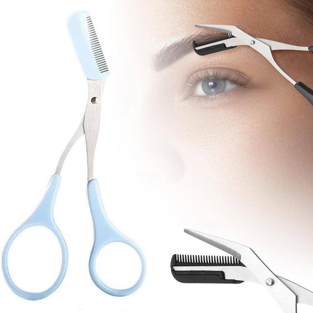 Eyebrow Scissors with Comb - 2025 New Stainless Steel Trimmer for Men & Women - Non-Slip Finger Grips, Precise Brow Shaping (Pink)(Blue)