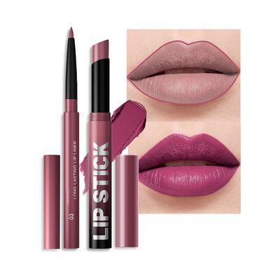 2Pcs 2 in 1 Matte Purple Lip Liner and Lipstick Combo Set for Women,Lipstick Stain Lip Liner for Daily & Party Long Lasting Waterproof Smudge Proof 24 Hour Full Coverage Vegan Lip Makeup Kit