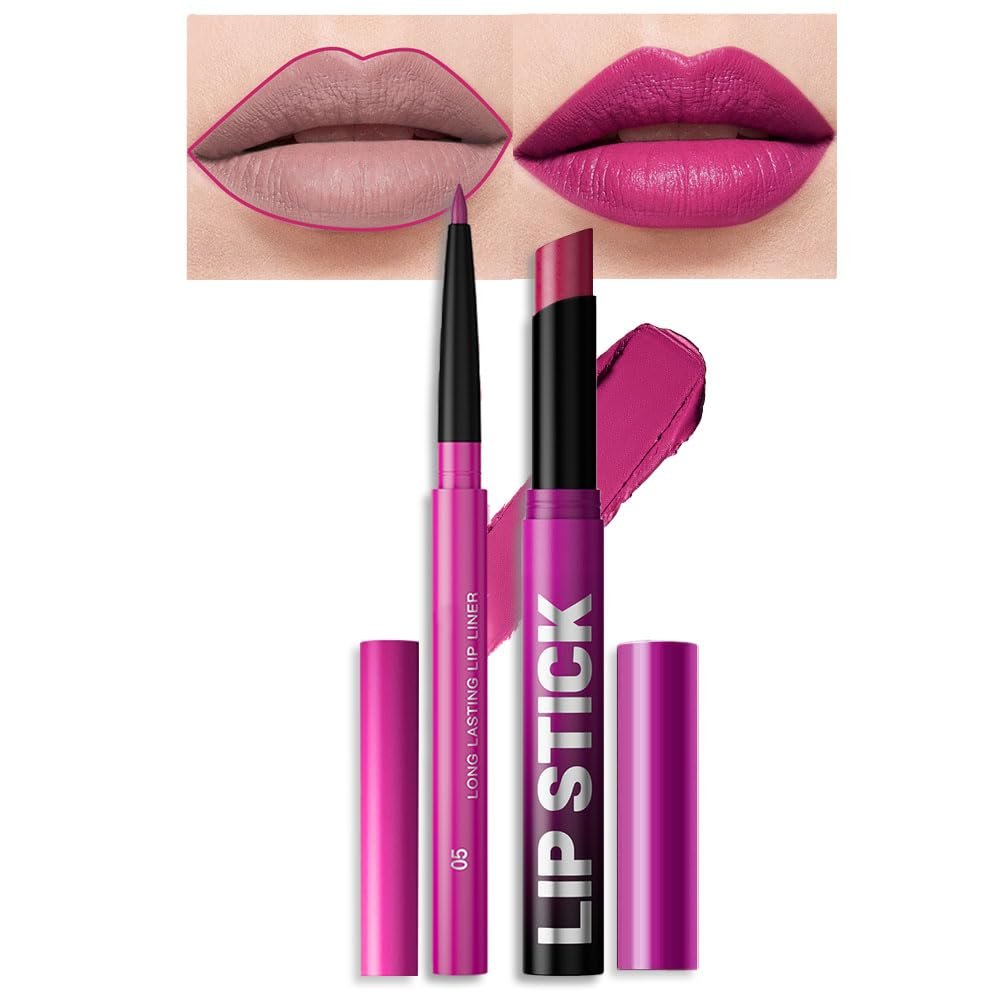 2Pcs 2 in 1 Matte Light Purple Lip Liner and Lipstick Combo Set for Women,Lipstick Stain Lip Liner for Daily & Party Long Lasting Waterproof Smudge Proof 24 Hour Full Coverage Vegan Lip Makeup Kit