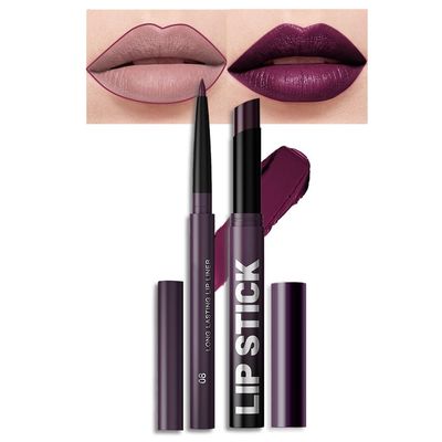 2Pcs 2 in 1 Matte Dark Purple Lip Liner and Lipstick Combo Set for Women,Lipstick Stain Lip Liner for Daily & Party Long Lasting Waterproof Smudge Proof 24 Hour Full Coverage Vegan Lip Makeup Kit