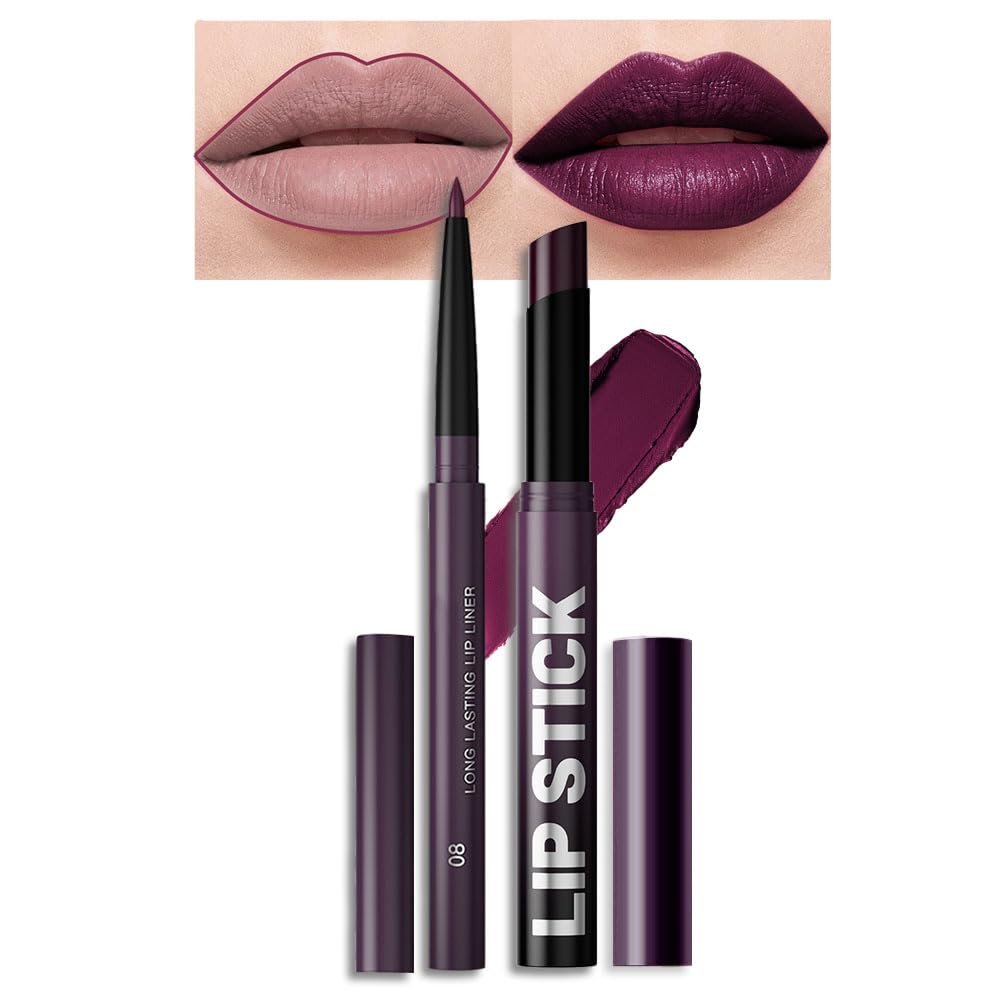 2Pcs 2 in 1 Matte Dark Purple Lip Liner and Lipstick Combo Set for Women,Lipstick Stain Lip Liner for Daily & Party Long Lasting Waterproof Smudge Proof 24 Hour Full Coverage Vegan Lip Makeup Kit