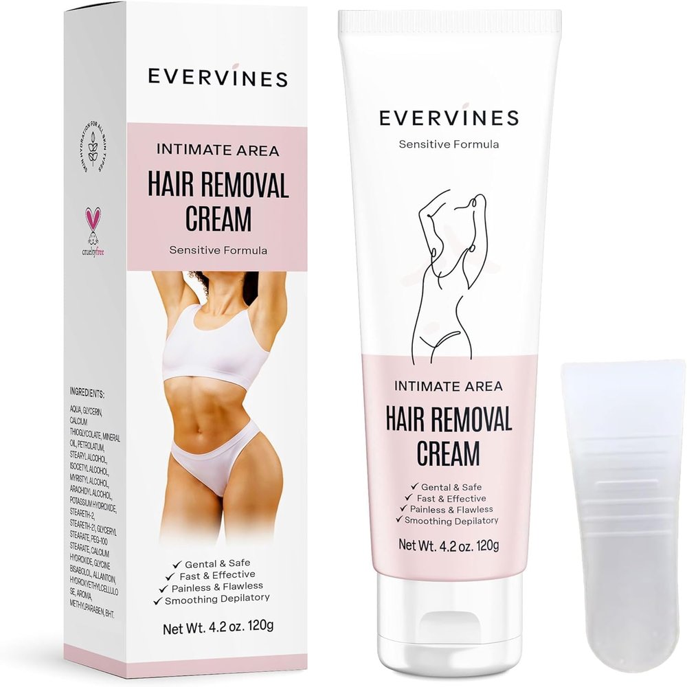 Evervines Hair Removal Cream for Women  Painless & Gentle Depilatory for Sensitive Skin  Bikini, Pubic & Intimate Areas, Legs, Arms, Underarms  Includes Scraper, 4.2oz