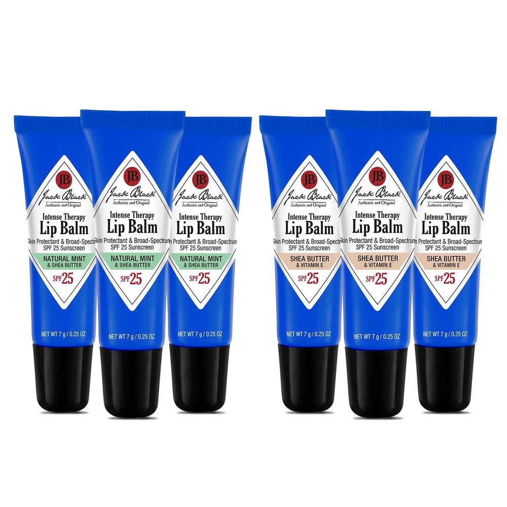 Jack Black Intense Therapy Lip Balm 6 Count Bundle - Natural Mint & Shea Butter and Shea Butter & Vitamin E - Lip Balm SPF 25 Sunscreen, Balms for Chapped Lips, Moisturizer for Dry Lips