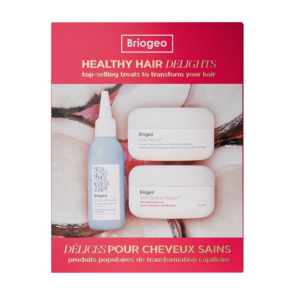 Briogeo Healthy Hair Delights Holiday Kit  Natural Scalp + Hair Repair Gift Set includes Deep Conditioning Mask, Scalp Scrub & Rosemary Pre-Wash Oil for All Hair Types, Vegan ($62 Value)