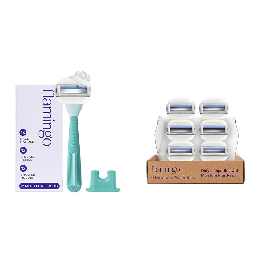 Flamingo Moisture Plus Women's Razor Set - 1 Razor Handle (Seafoam), 7 Blade Refills, and Shower Holder