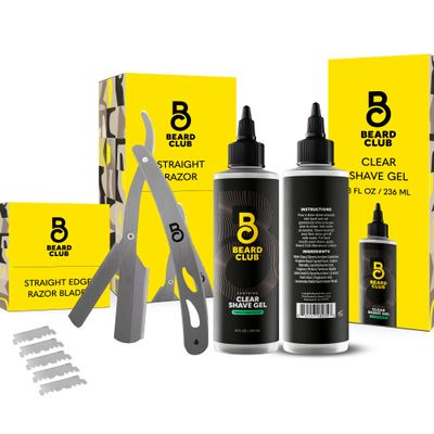 Beard Club Straight Razor for Men & Premium Shaving Gel for Men  Hydrating Mens Shave Cream for Sensitive Skin & Navajas Para Barbero - Barber Straight Edge Razor Kit, 5 Blades, Cedar Scent Gift Kit