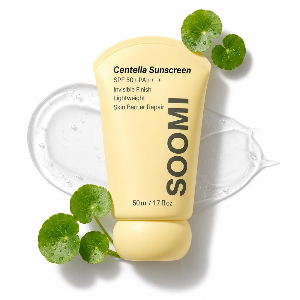 Soomi Skin Centella Sunscreen 50ml SPF 50 Centella Asiatica Korean Face Sunscreen for Sensitive Skin, No White Cast, Lightweight Hydrating Sun Protection, Skin Barrier Repair, Niacinamide