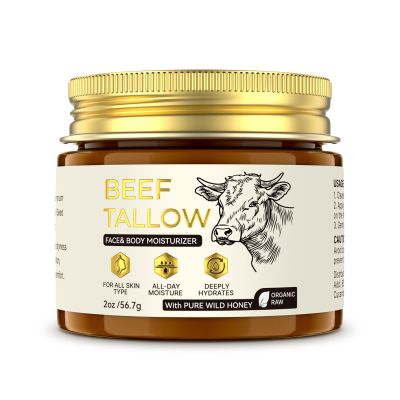 Beef Tallow and Honey Balm - Beef Tallow for Skin with Grass Fed Whipped Tallow and Organic Raw Honey, Face & Body Moisturizer for Dry Cracked Rough Skin, Daily Use Face Nourishing Care Balm (2oz)