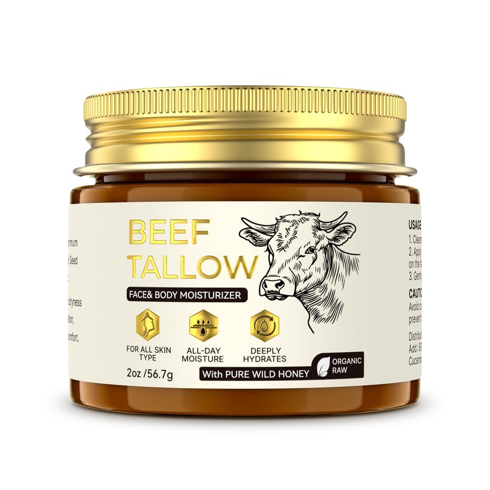 Beef Tallow and Honey Balm - Beef Tallow for Skin with Grass Fed Whipped Tallow and Organic Raw Honey, Face & Body Moisturizer for Dry Cracked Rough Skin, Daily Use Face Nourishing Care Balm (2oz)