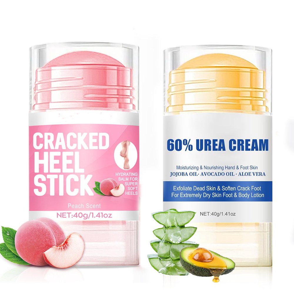 BOUSEPO 2 pcs Hydrating and Anti-Cracking Foot Cream, Anti Crack Foot Cream Stick, Foot Repair Cream for Dry Cracked Heels and Feet Women Men(Peach+Urea Cream)