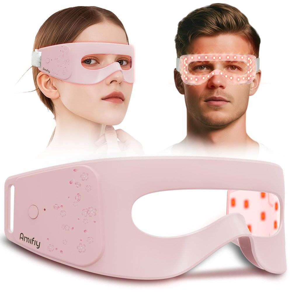 Amifiy Red Light Therapy for Eyes, 3 Minutes Around-Eyes Red Light Eye Mask, Eye Massager for Reducing Dark Circles and Puffiness, Smoothing Fine Lines for Men Women (Pink)