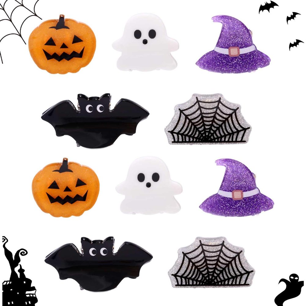 10pcs Mini Halloween Hair Claw Clips, Acrylic Mini Hair Clips with Bat Pumpkin Spider Web Ghost Witch Hat Shapes Funny Cute Halloween Accessories