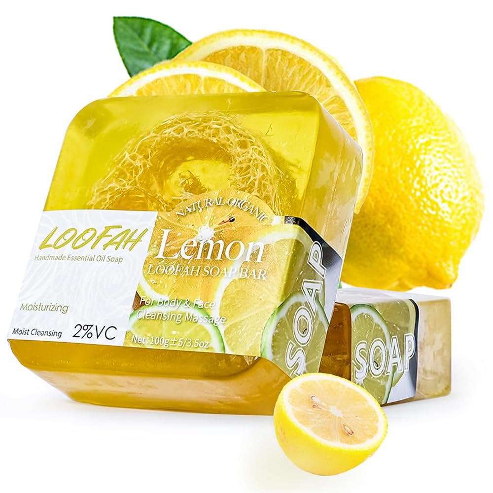 AKARY Lemon Loofah Soap, Exfoliating Scrub Soap Bar Deep Cleaning Bath, Softens Cuticle Smooth Skin Removing Dirty Balance Water Oil for Body Face Washing (100 G, Lemon)