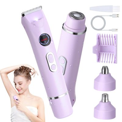 4-in-1 Bikini Trimmer for Women, 12,000 RPM Painless Electric Shaver for Women Pubic Hair Removal, IPX7 Waterproof with LED Light, Cordless Body Hair Trimmer for Bikini Area, Face, Arms & Legs