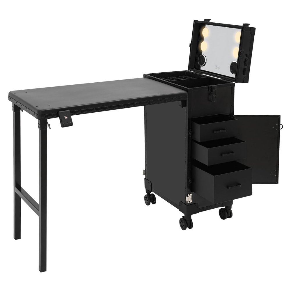 BANEBONE Professional Rolling Makeup Case with LED Mirror - 3-Drawer Cosmetic Organizer, 110lbs Capacity, Foldable Table for MUA On-The-Go (Black)