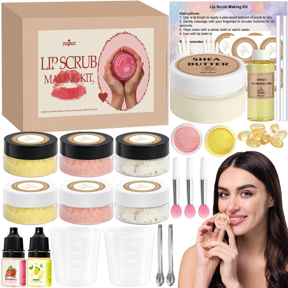 JUYRLE Sugar Lip Scrub Making Kit- 35Pcs Make Your Own Sugar Lip Scrub with Shea Butter, Almond Oil, Essential Oils, Moisturizing and Exfoliating Dry Lip, DIY Organic Lip Care Gifts For Women & Men