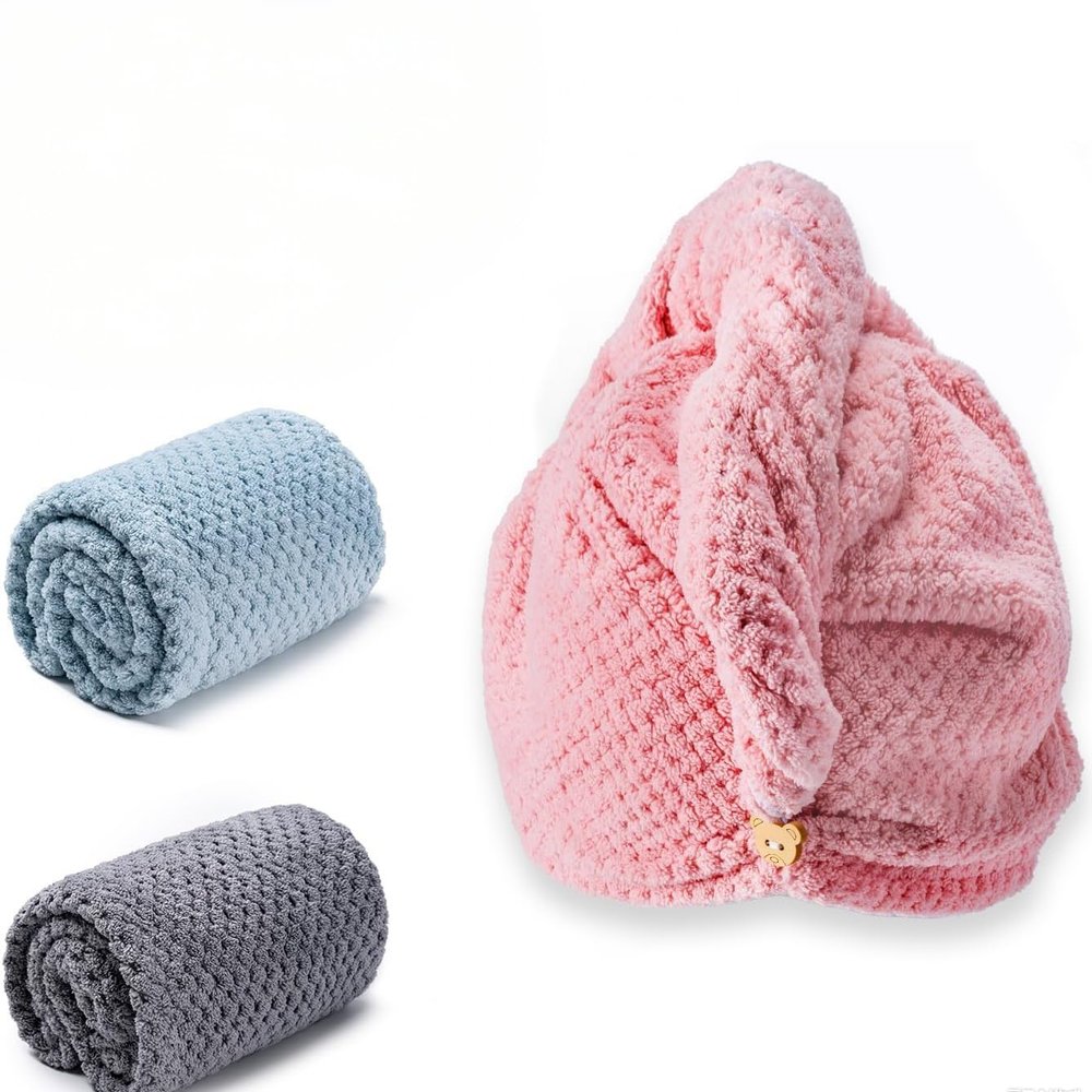 Briasket Microfiber Hair Towel, 3 Packs(Blue,Grey,Pink)