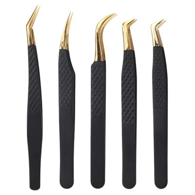 5Pcs Stainless Steel Eyelash Extension Tweezers, Curved Tip Precision Tools With Non-Slip Grip, Perfect For Salon & Home Lash Application