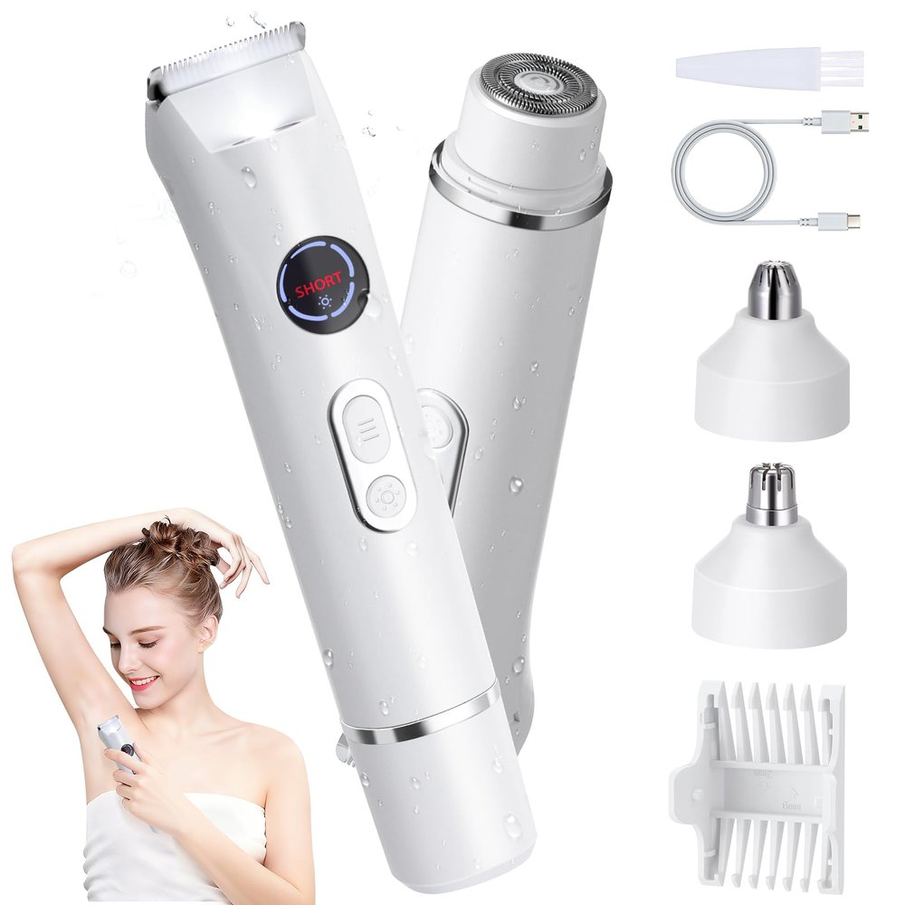 4-in-1 Bikini Trimmer for Women, 12,000 RPM Painless Electric Shaver with LED Light for Women Pubic Hair Removal, Dual Head Women's Trimmer for Underarms, Face & Legs, IPX7 Waterproof Wet & Dry Use