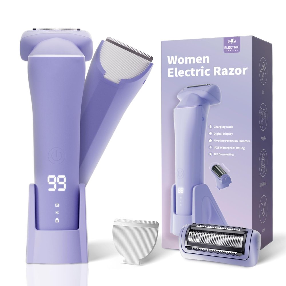 Krofaue Electric Shaver for Women,Rechargeable Bikini Trimmer for Body & Pubic Hair, Wet Dry Women Razor for Legs Underarms Bikini Line, IPX6 Waterproof, LED Display, Travel Lock, Magnetic Charging