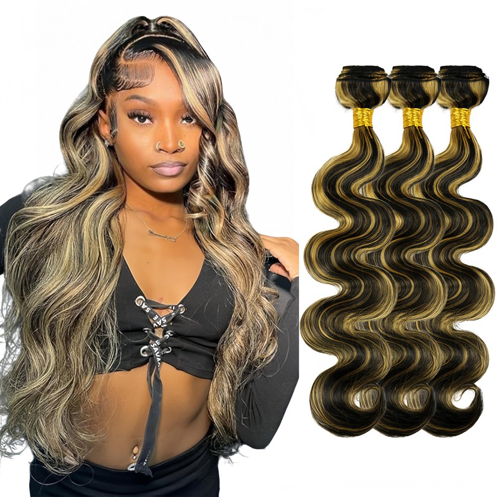 Blonde Bundles Human Hair P1B27 Body Wave Bundles Niegmeag Virgin Remy Hair 3 Bundles 24 26 28 Inch Double Weft Soft and Silky Honey Blonde Bundle Hair Weave