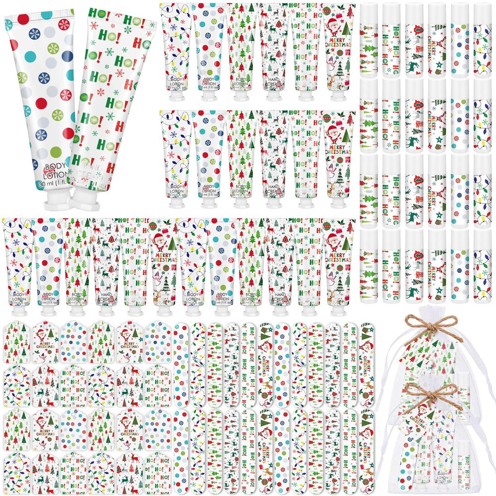 24 Sets/144 Pcs Christmas Party Favors Christmas Hand Cream Body Lotion Lip Balm Nail File Gifts Set Xmas Stocking Stuffers Travel Size Lotion Bulk Holiday Party Supplies for Coworkers Women Adults