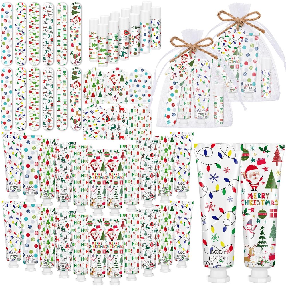 12 Sets/72 Pcs Christmas Party Favors Christmas Hand Cream Body Lotion Lip Balm Nail File Gifts Set Xmas Stocking Stuffers Travel Size Lotion Bulk Holiday Party Supplies for Coworkers Women Adults