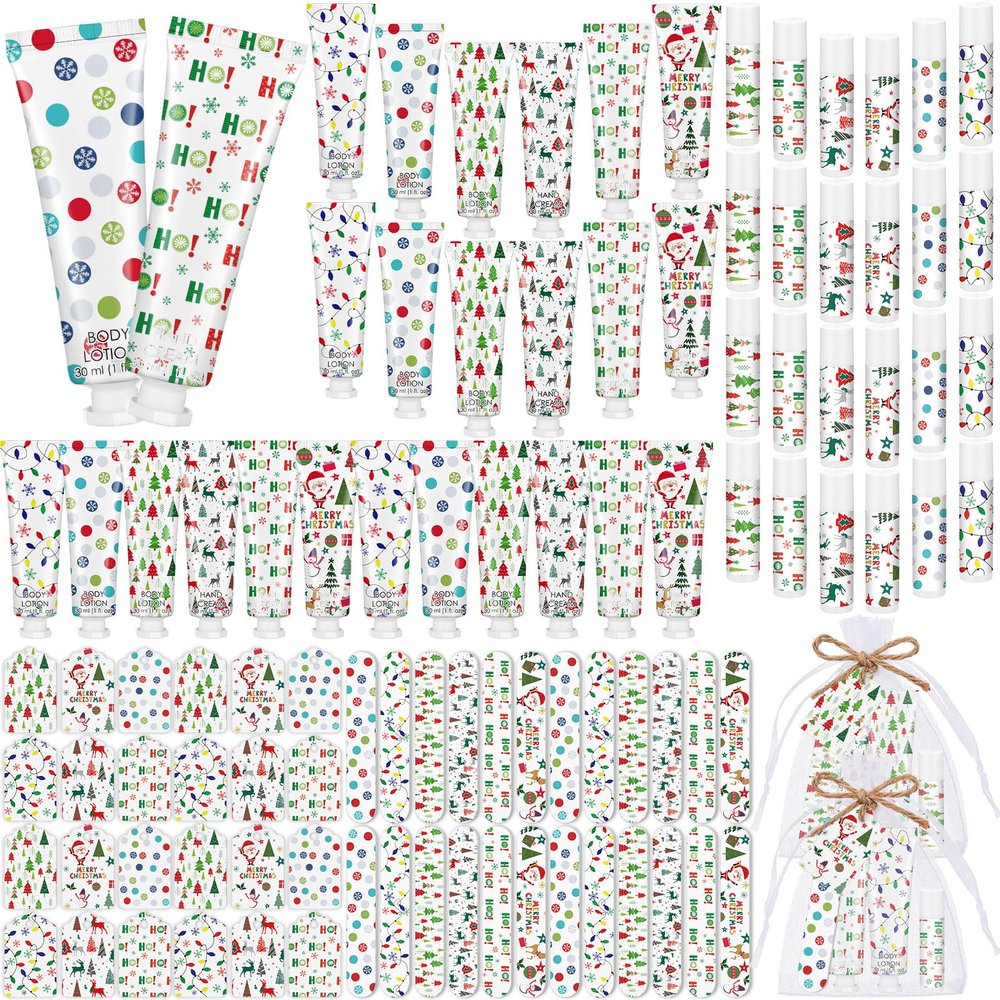 36 Sets/216 Pcs Christmas Party Favors Christmas Hand Cream Body Lotion Lip Balm Nail File Gifts Set Xmas Stocking Stuffers Travel Size Lotion Bulk Holiday Party Supplies for Coworkers Women Adults