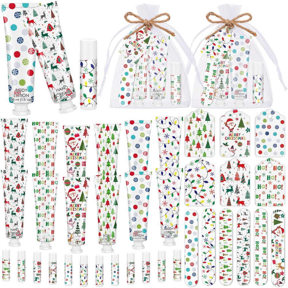 6 Sets/36 Pcs Christmas Party Favors Christmas Hand Cream Body Lotion Lip Balm Nail File Gifts Set Xmas Stocking Stuffers Travel Size Lotion Bulk Holiday Party Supplies for Coworkers Women Adults