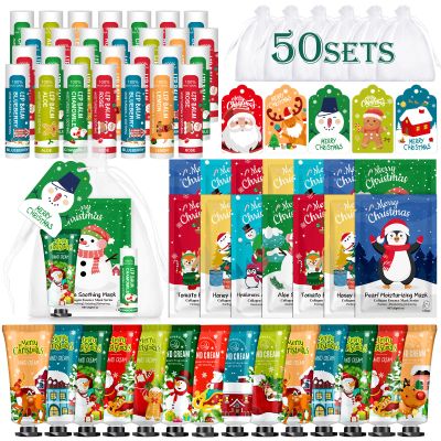 50 Pack Christmas Hand Cream, Facial Mask and Lip Balm Gift Set, Stocking Stuffers for Women, Bulk Christmas Gifts with Christmas Cards Organza Bag for Christmas Party Supplies, Christmas Decorations