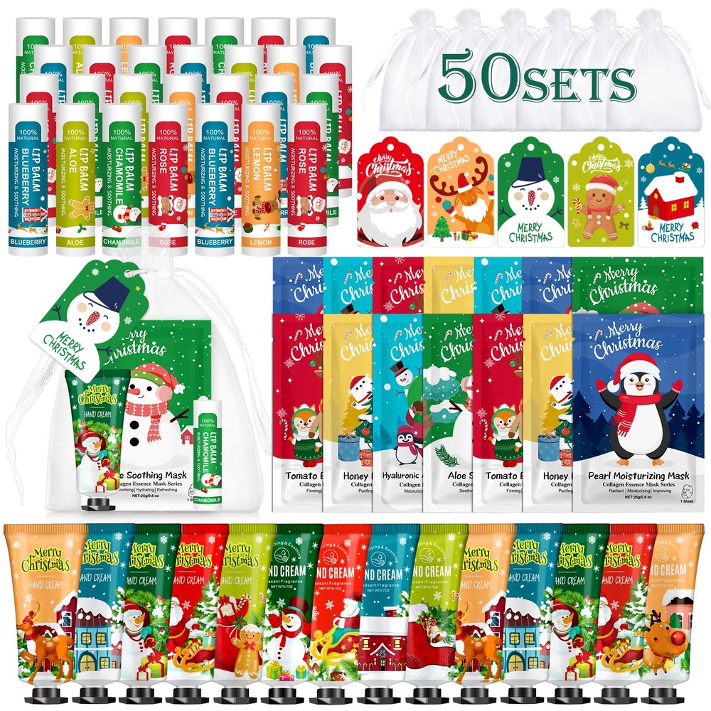 50 Pack Christmas Hand Cream, Facial Mask and Lip Balm Gift Set, Stocking Stuffers for Women, Bulk Christmas Gifts with Christmas Cards Organza Bag for Christmas Party Supplies, Christmas Decorations