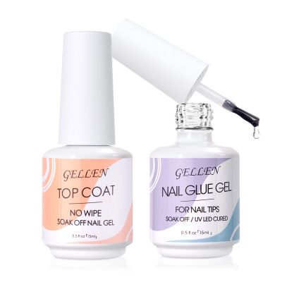 Gellen Nail Glue Gel & No Wipe Top Coat, 5 in 1 UV Nail Glue for Acrylic Nails, High Shiny Top Coat Gel, Curing Needed Extend Gel for False Tips & Clear Press on Nails, Home Salon DIY Manicure