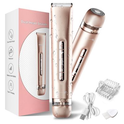 Bikini Trimmer for Women,2 in 1 Womens Electric Razors,Dual Head Shaver for Women Lady Facial Pubic Legs Private Area Body Hair,IPX7 Waterproof Wet & Dry