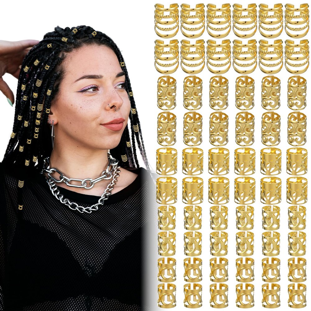 100Pcs Gold Hair Cuffs Charms Rings for Braids, Gold Hair Jewelry Accessories Adjustable Loc Jewelry Dreadlocks Braid Clips Decorations for Black Women Men Festival Pirate