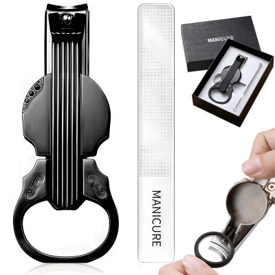 Anti-Splash Nail Clippers with Magnifying Glass,Portable Violin-Shape Fingernail & Toenail Trimmer,Stainless Steel,for Men Women and Elderly, Includes Nail File (Gun-Black)
