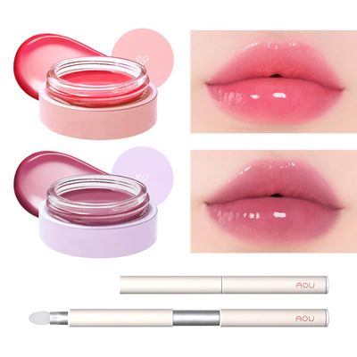 AOU Glowy Tint Balm Duo with Silicone Lip Brush - Apple x Mulberry Balm & Silicone Tip Brush Bundle | Tinted Lip Balm, Glossy & Nourished Lips, Long-lasting Hydration, Shea Butter