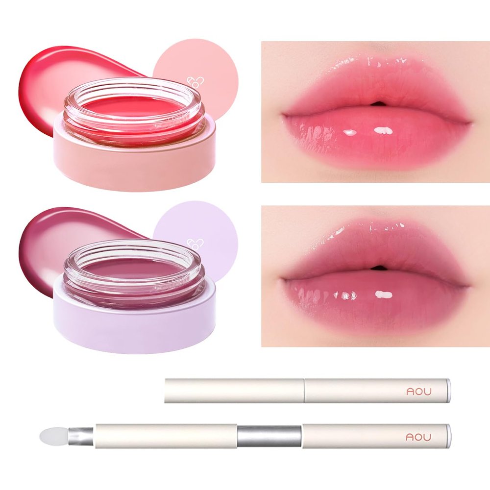 AOU Glowy Tint Balm Duo with Silicone Lip Brush - Apple x Mulberry Balm & Silicone Tip Brush Bundle | Tinted Lip Balm, Glossy & Nourished Lips, Long-lasting Hydration, Shea Butter