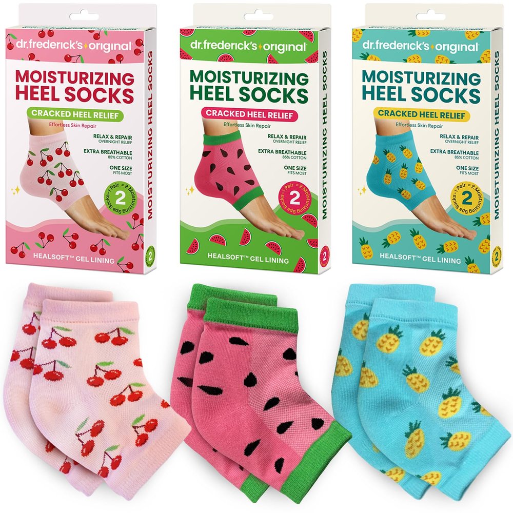 Dr. Frederick's Original Moisturizing Heel Socks for Dry Cracked Heels Treatment - 3 Pairs - Infused with Coconut Oil and Mango Butter - Stocking Stuffers for Adults - Summer Print