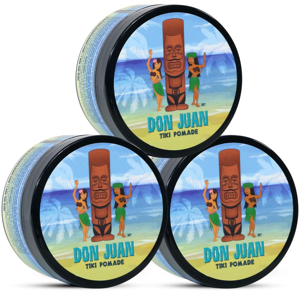 Don Juan Tiki Pomade | Water Based | High Hold | Medium Shine | Natural Plant Extracts and Ocean Minerals | Mai Tai Tropical Scent, 4oz Pack of 3