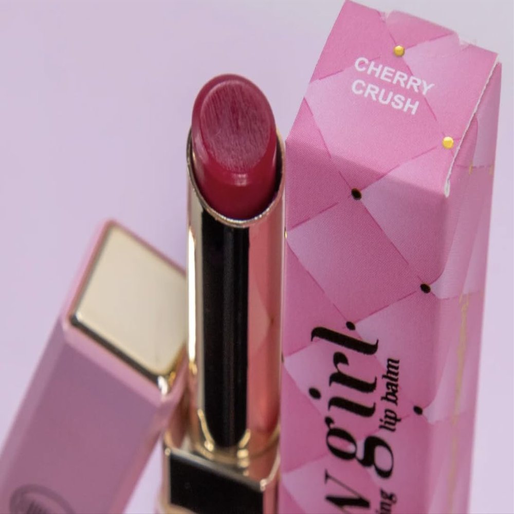 Cherry Crush Premium Lipstick in Deep Red, Pink Packaging, Moisturizing Formula, Long-Lasting Color