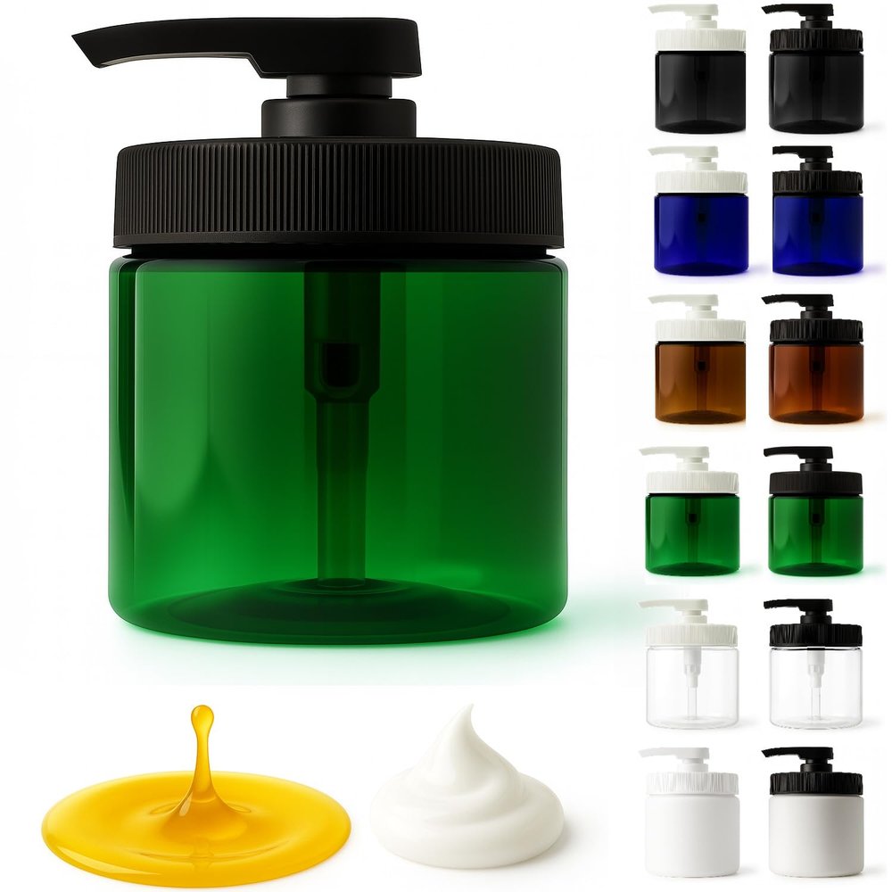Royal Massage 16oz Refillable Pump Jar with Locking Dip Tube Dispenser BPA-Free Plastic Container for Massage Oils, Lotions, Creams Ribbed Lid Wide-Mouth Jar Durable & Reusable (Green/Black, 1)