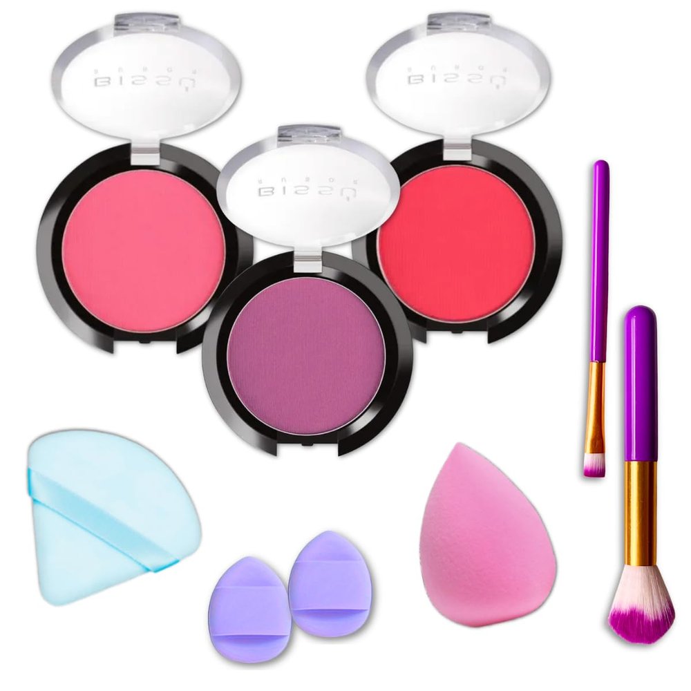 Beetbul 3-Piece Blush Set, 3 Biss Blushes + Velvet Puff + 2 Finger Puffs + Makeup Sponge + 2 Makeup Brushes