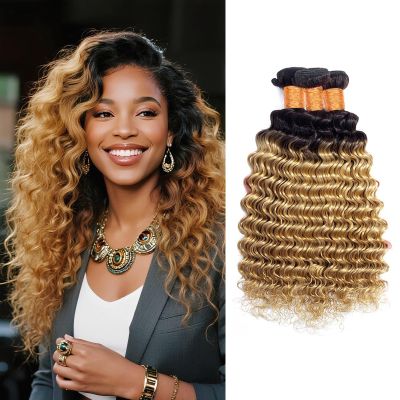 LUMWAV T1B/27 Ombre Deep Wave Human Hair Bundles 12 14 16 Inch 3 Bundles Brazilian Remy Hair Extensions Soft Bouncy Curly Weave for Black Women