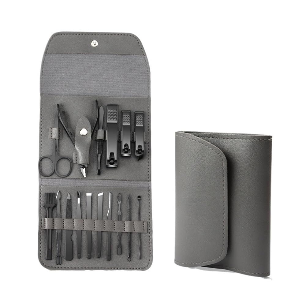 yanzhuen001 Nail Clipper Set 16pcs Stainless Steel Folding Nail Clippers Set with Leather Case for Male and Female Nails Scissors(Gray)
