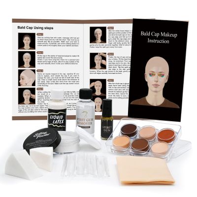 Bald Cap Halloween Makeup Kit for Men & Woman, Complete Bald Cap Costume Character Set , SFX Makeup Kit, Professional Realistic Bald Cap Kits for Halloween Cosplay Make Up, Dress Up, Stage, Theater