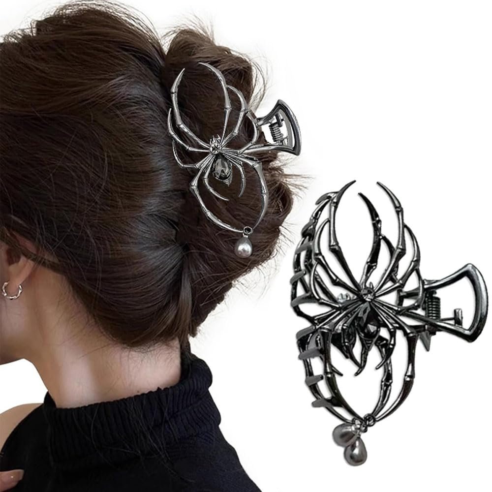 1PCS Halloween Hair Claw Clips Metal Black Spider Hair Accessories for Women Girl Pearl Charm Claw Clips Strong Hold Hair Barrettes Hair Jaw Clips for Thick/Thin Hair