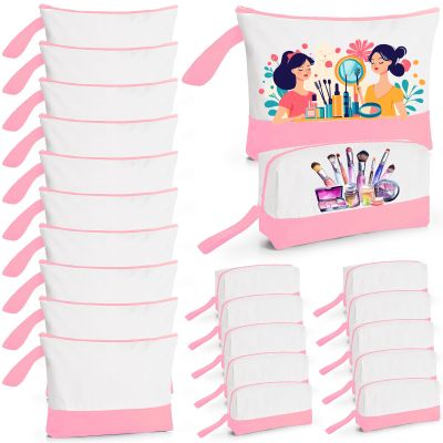 20 Pcs Canvas Makeup Bag with Bottom, 12oz Cotton Cosmetic Bag Set Bulk Multi-Purpose DIY Heat Transfer Makeup Bags with Black Zipper for Bridesmaid Makeup Bag Travel Toiletry Pouch Storage, Pink